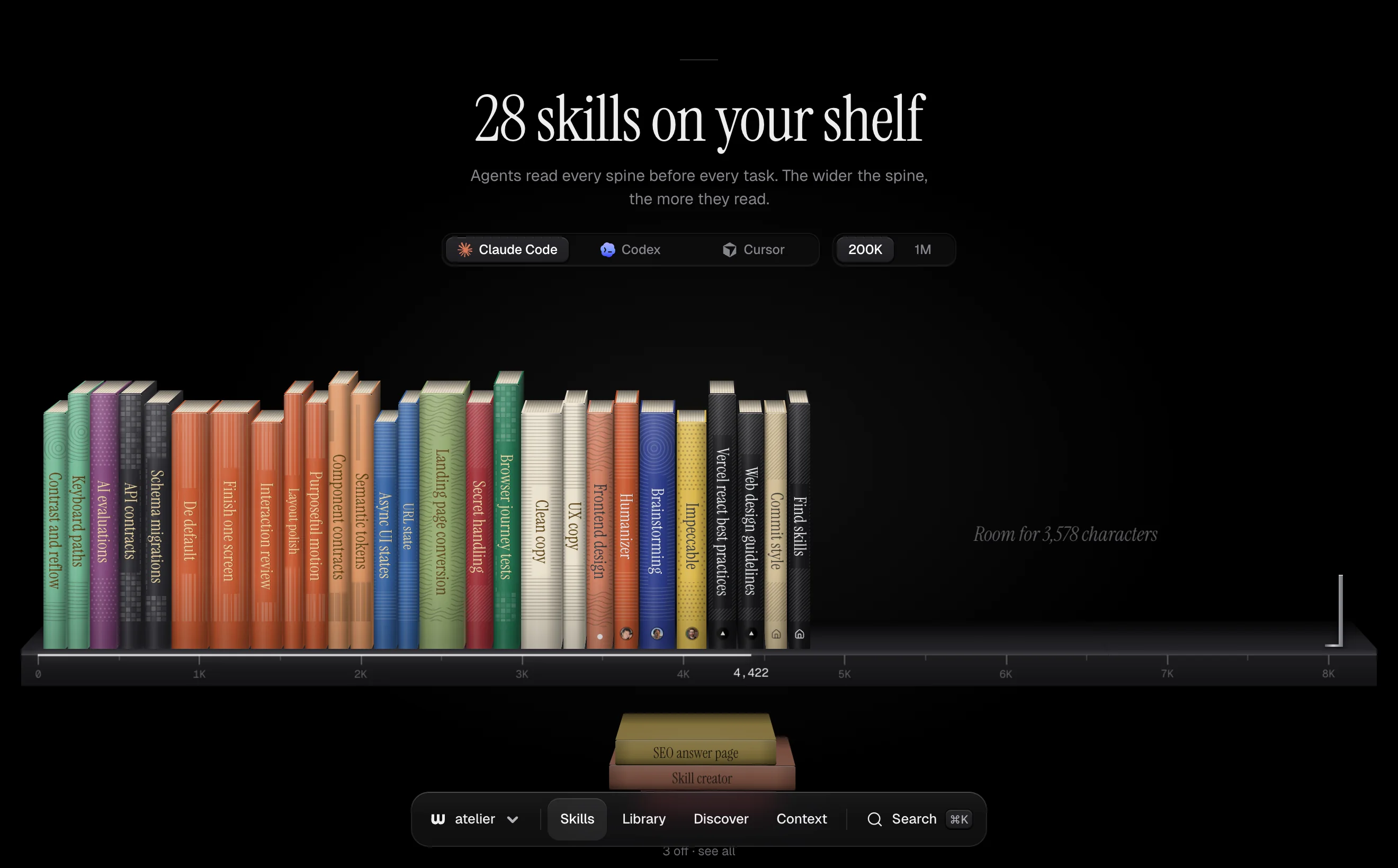 The Workshop app: a project's skills as books on a shelf, sized by how much each agent reads, with the limit marked by a bookend